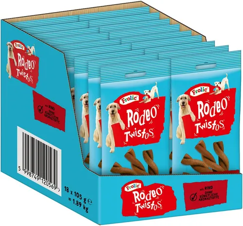 Frolic Hundesnacks Rodeo mit Rind, 18 Packungen (18 x 105g) - Hundefutter ohne künstliche Farbstoffe und Aromen, für ein gesundes Kauvergnügen und glückliche Hunde.