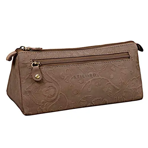 STILORD 'Alexis' Vintage Leder Etui Stiftemappe mit 2 Fächern und Reißverschluss Federtasche Federmäppchen Schlampermäppchen Echtes Leder, Farbe:Natur - braun