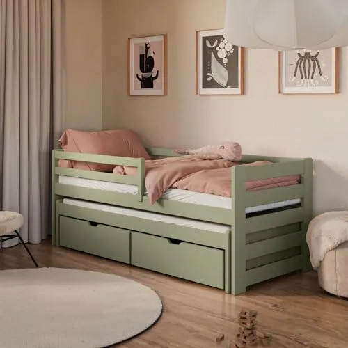 Kids Collective Einzelbett 90x200 cm mit Rausziehbett und Schubladen - Praktisches Funktionsbett mit Rausziehbett für Übernachtungsgäste und zwei Stauraumschubladen, aus robustem FSC Kiefer-Vollholz in kinderfreundlichem Olivgrün.