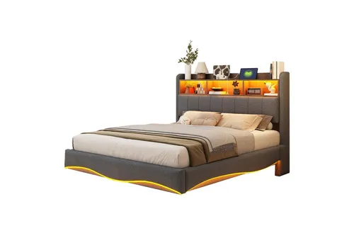 OKWISH Polsterbett Doppelbett mit LED-Licht und USB-Anschlüssen – Modernes Design für Schlafzimmer