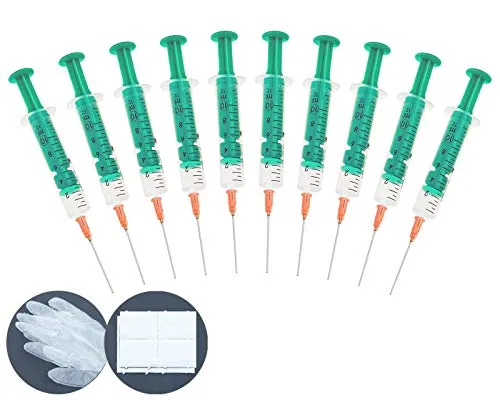 Octopus 10 Refill Spritzen 10ml mit stumpfer Nadel, 4x Vinyl-Handschuhe und 8x Zellstofftupfer für Liquids Aromen Hobby und Heimwerk und Office