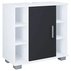 VCM Holz Waschbeckenunterschrank Zalo M Weiß/Schwarz - Unterschrank fürs Bad mit modernem Design, 1 Drehtür und 6 offenen Regalfächern für optimalen Stauraum. Perfekt für ein stilvolles Badezimmer.