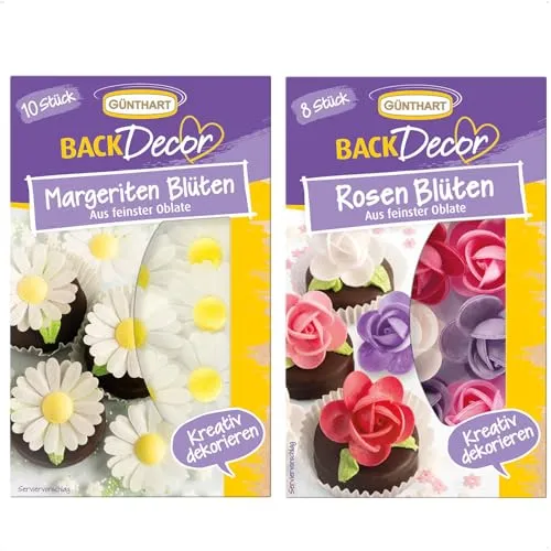 Günthart BackDecor Oblaten SET mit 8 Rosen Blüten und 10 Margeriten Blüten aus Oblate für Kuchen und CupCakes, 2er Pack (1 x 17 gr)