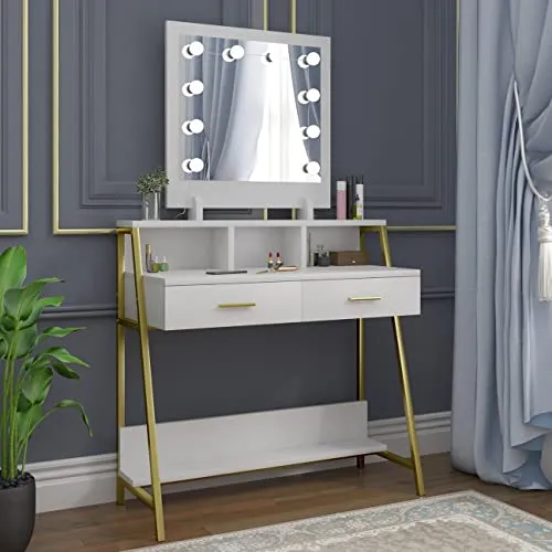 Woltu Schminktisch mit LED-Beleuchtung - Eleganter Schminktisch in Weiß mit 2 Schubladen und 10 dimmbaren LED-Glühbirnen für perfektes Licht beim Schminken. Ideal für Ihr Schlafzimmer oder Ankleidezimmer.