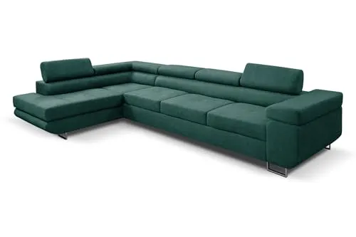 Margaret Hadas24 Ecksofa L Form Marlene IV, Schlaffunktion, Bettkasten, 347x202cm, verstellbare Kopfstützen Couch, 5 Sitzer Schlafcouch Bettsofa, Samtstoff Wohnlanschaft Bettzeugablage, Links, grün
