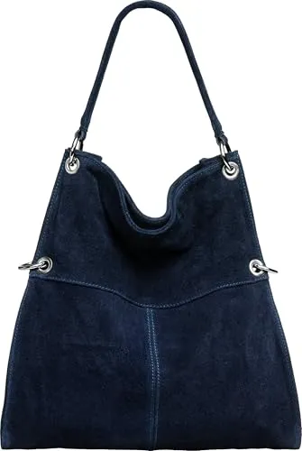 Caspar Vintage Leder Schultertasche Damen - Modell No.805 - Dunkelblau - Elegante Damen Schultertasche aus weichem Wildleder im Vintage Stil. Geräumig mit A4-Hauptfach und verstellbarem Schultergurt. Ideal für jeden Anlass und perfekt kombinierbar.