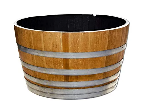 Großes 250 l Weinfass aus Eichenholz, Holzfass halbiert geölt - Als Pflanzkübel oder Teichfass (Fass geölt mit Schlaufen + Rollen)