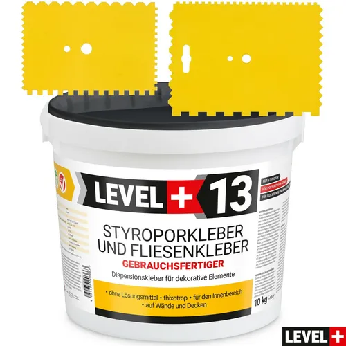 Level+ Dispersionskleber Styroporkleber L+13 - 10KG mit 2 Zahnspachteln - Dispersionskleber für Styropor und Dekorelemente, thixotrop und lösungsmittelfrei, ideal für Innenräume. Inklusive 2 Kunststoffzahnspachteln für eine einfache Anwendung.