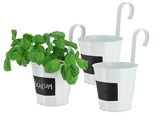 Spetebo Metall Übertopf zum Hängen in weiß - 3er Set - Hänge Blumentopf zum Beschriften - Pflanzen Kräuter Blumen Topf mit Aufhängung und Beschriftungsfeld