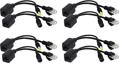 zdyCGTime Passiver PoE-Injektor und PoE-Splitter-Kit mit RJ45-Ethernet und Stromversorgung über DC 5,5 x 2,1 mm F/M-Adapterstecker Connector Schwarz 4 Paare