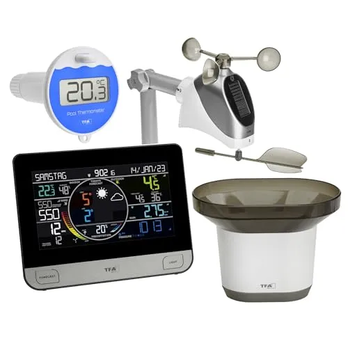 TFA-Dostmann Funk-Wetterstation mit WLAN VIEW PRO TFA 35.8003.01.89 Pool Farbdisplay, Außensensor Wind/Temperatur/Luftfeuchtigkeit, Regenmesser, Luftdruck, App Profi-Wettervorhersage