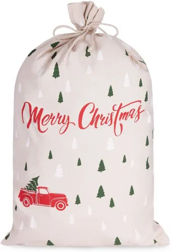 BRUBAKER Aufbewahrungstasche Weihnachtssack Merry Christmas - Tannenbaum Wald mit Auto Rot (Weihnachtsbaum, 2-tlg., 80 cm Geschenksack Weihnachten - Nikolaussack), Sack Baumwolle mit Kordel zum Verpacken von Geschenken