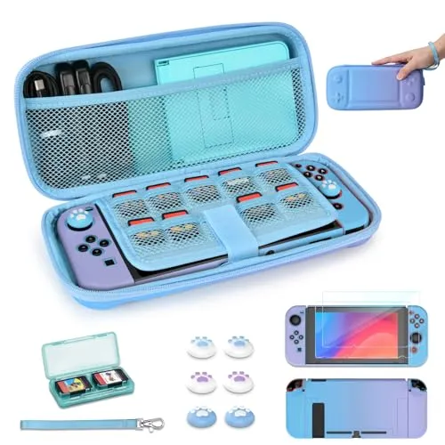 Younik Switch Tasche für Switch 2017 Modell, 14 in 1 Switch Zubehör Bundle mit Switch Tragetasche, schützendes Zubehör für Switch Konsole & J-Con, Game Card Case (Blau und Lila, Knopf Typ)