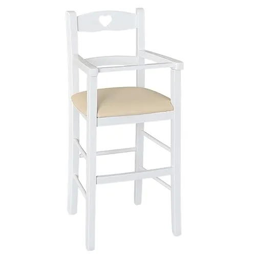 Babyhochstuhl für Kinder von 2 bis 5 Jahren aus weißem Holz mit beigefarbenem Kunstledersitz