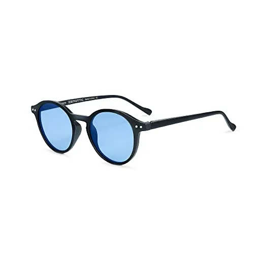 ZENOTTIC Sonnenbrille Polarisiert Rund Retro Klassisch UV 400 Schutz Vintage Rahmen für Herren Damen (MATT SCHWARZ + BLAU)