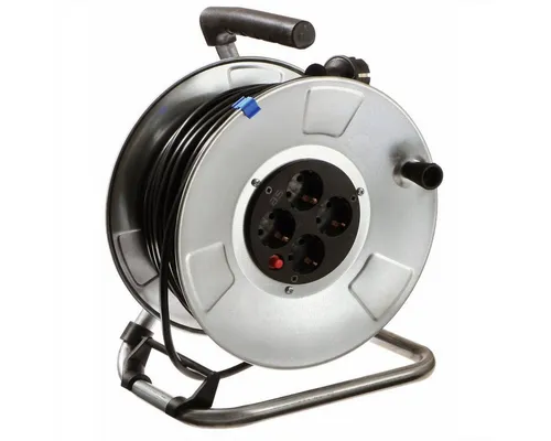 Bachmann Verlängerungsrolle 250 V - 25 m Schnur - Kabeltrommeln mit 4 Ausgangsanschlüssen für optimale Stromversorgung, ideal für den Einsatz im Innen- und Außenbereich.