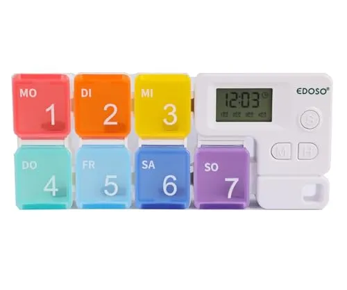 EDOSO Tablettenbox für 7 Tage mit 7 Behältern und Alarm | Medikamentenbox Pillendose 1 Woche mit Timer und Wecker für Erinnerung | Deutsche Beschreibung | Farbige Tablettenbehälter