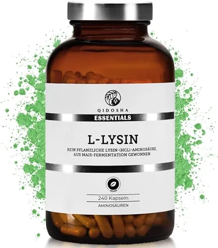 QIDOSHA® L-Lysin Kapseln hochdosiert, Lysin 500mg Kapseln, davon 400 mg reines L-Lysin, 240 Stk/Glas, 100% pflanzliche Aminosäure L-Lysine, deutsche Fertigung, jede Charge laborgeprüft