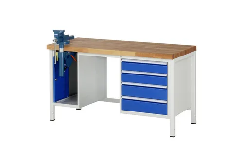 Robuste Werkbank Serie 8185, B 1500 x T 700 mm - Werkbank Serie 8185 mit 40 mm Buche-Massiv Arbeitsplatte, vier Schubladen und abschließbarem Schrank. Ideal für Profis, max. Flächenlast 1250 kg, komplett montiert geliefert.
