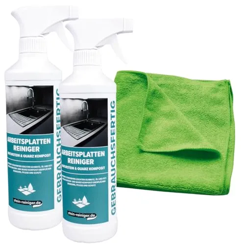 Stein-Reiniger für Arbeitsplatten - Naturstein & Quarz Komposit 2x 500 ml - Spezialputzmittel zur streifenfreien Reinigung von Naturstein- und Quarz-Komposit-Oberflächen, inklusive Microfasertuch für optimale Pflege und Schutz.