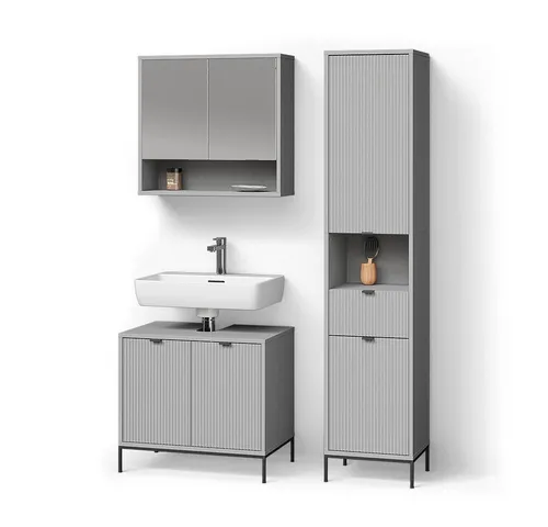 Livinity® Badmöbel-Set ATERNO - Grau, 3 Teile mit Hochschrank - Badmöbel-Set in elegantem Grau, inklusive Spiegelschrank und Hochschrank für optimale Stauraumlösung im Badezimmer. Einfache Montage mit allem benötigten Zubehör.