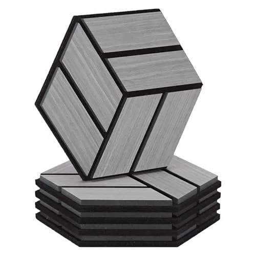 Homestyle4u Akustikpaneel - Sechseckig in Grau, 30x26x2 cm - Wand & Decke: 5er-Set schalldämpfender Akustikpaneele in eleganter Holzoptik für bessere Raumakustik und kreative Gestaltung in jedem Wohn- oder Arbeitsbereich.