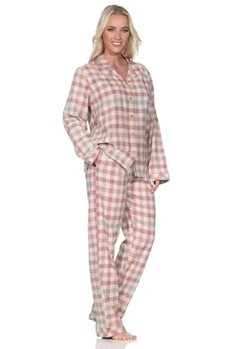 Normann Damen Flanell Schlafanzug Langarm Pyjama mit Knopfleiste in Karo-Optik, Altrose, Größe 44-46 - Kuscheliger Flanell Schlafanzug für kalte Nächte, ideal als Nachtwäsche oder Homewear. Bequemer Schnitt mit Knopfleiste und praktischen Taschen sorgt für hohen Tragekomfort.
