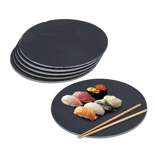Relaxdays Schieferplatte 6er Set, runde Servierplatte, Durchmesser 25 cm, Servieren von Käse, Sushi, Desserts, schwarz