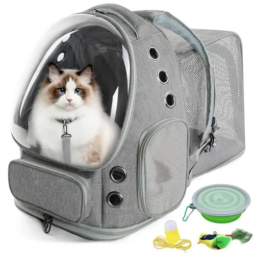 Wuciray Erweiterbar Katzenrucksack mit Fenster Katzenrucksack Hunderucksack Geeignet für 3–5 kg Katzen Cat Backpack mit Innerer Sicherheitsleine und Haustiermatte für Auto Wandern Grau 42x32x24-57cm