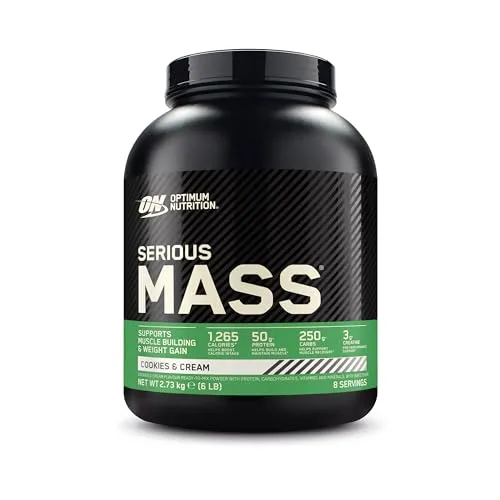 Optimum Nutrition Serious Mass Cookies n Cream 2730g - Kalorienreiches Mahlzeitenersatz-Getränk mit über 1200 Kcal und 50g Protein pro Portion. Ideal für den schnellen Energieschub und Muskelaufbau.