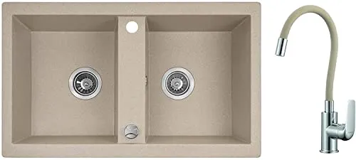 KOLMAN Granitspüle Elza 48x78 cm mit Doppelbecken - 2 Becken Spülbecken, extrem kratzfest und hitzebeständig; inklusive eleganter Spültischarmatur und Siphon für müheloses Abwaschen und einfache Reinigung.