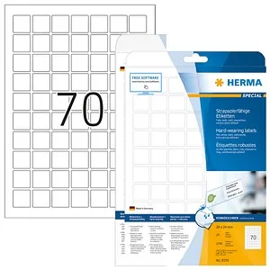 Herma 8339 Etiketten 24 x 24mm - Wetterfest & Strapazierfähig - Etiketten aus wetterfester Folie, ideal für Innen- und Außenbereich. Extrem stark haftend, öl- und schmutzabweisend, perfekt für Laserdrucker. Made in Germany, 1750 Stück.