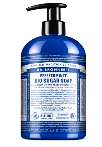 Dr. Bronners Bio Sugar Soap Pfefferminze 710ml - Handseife mit Bio-Pfefferminzöl für erfrischende Reinigung, pflegt Haut und Haar sanft und ist 100% vegan und biologisch abbaubar.