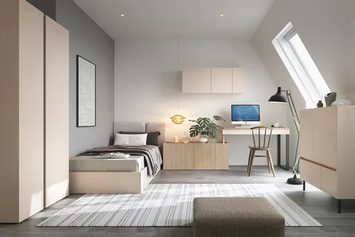 Deine Möbel 24 Jugendzimmer-Set LIBU A Kinderzimmer-Set Kindermöbel für Kinder Jugendliche, (Set, 5-tlg., inkl. Kleiderschrank Bett Wandregal Schreibtisch Kommode), LIBU-Kollektion Beige Eukalyptus Eiche 3+13+12+10+9