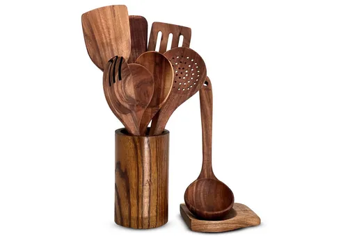 Layba Kochbesteck-Set aus Holz – 10-teiliges Küchenutensilien Set - Kochbesteck-Sets mit ergonomischen Teakholzgriffen, hitzebeständig bis 220°C, ideal für gesundes Kochen und langlebigen Einsatz in deiner Küche.