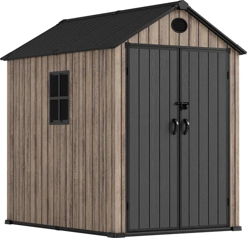 Hoggar – Harz Gartenhaus 3,62m2 OAK O40 - Boden – Seitenfenster – Premium-Holzoptik – Große Doppeltür – UV-Schutz & wasserdicht – Riegelverschluss