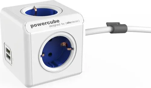 PowerCube DuoUSB Extended Blau - Steckdosenwürfel mit USB - 4-fach Steckdosenverteiler mit 1,5 m Kabel, 2 USB-Anschlüssen für gleichzeitiges Laden von Geräten und cleverem Tischhalter im modernen Cube Design.