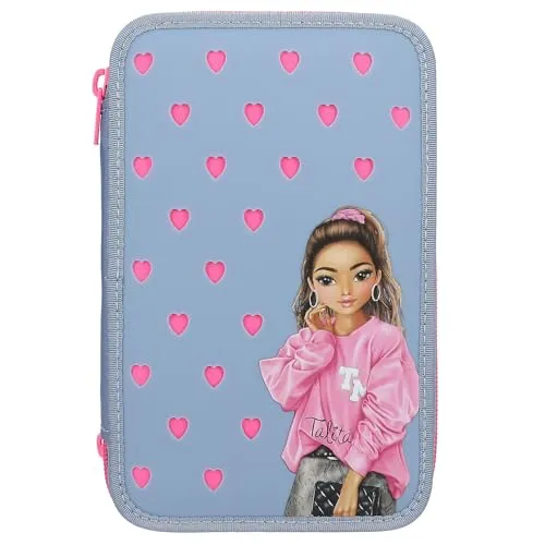 TOPModel 3 Fach Federtasche mit Silikon Pins - Federmäppchen mit 3 Fächern, gefüllt mit 18 Bunt- und Filzstiften, Anspitzer und mehr. Inklusive 3 süßen Silikon-Pins und einem einzigartigen Design!