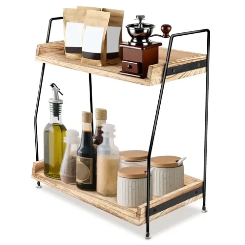 TOSAVGA 2 Etage Gewürzregal Stehend, Gewürzständer aus Holz,Küchenregal Arbeitsplatte für Platzsparende, Spice Rack für Küche, Zuhause, Kaffeeregal, Tischregal, Küchenorganizer Regal