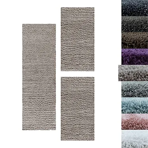 SIMPEX Bettumrandung Schlafzimmer 3teilig Shaggy Hochflor Teppich Beige Bettset: 2 mal 60x110 + 1 mal 80x250 - Schlafzimmer Teppich 3 Teilig Läufer Extra Weich Flauschig Bettvorleger Läuferset Halı