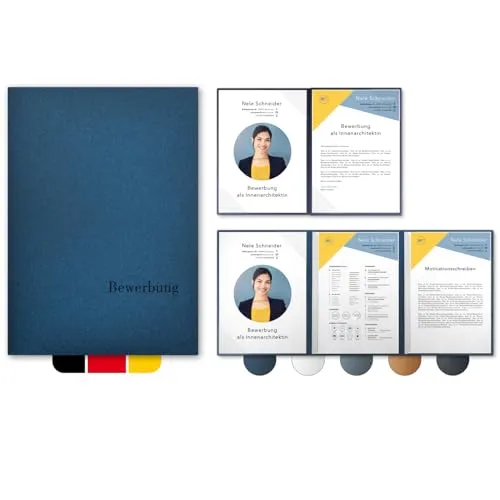 Esclusiva® Exzellent-plus 4-teilige Bewerbungsmappen in Nachtblau - 5 Stück hochwertige 4-teilige Bewerbungsmappen mit Flach-Prägung „BEWERBUNG“ und 2 Klemmschienen. Ideal für professionelle Bewerbungen und Präsentationen im eleganten Design.