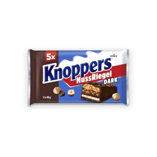 Knoppers NussRiegel Dark – 1 x 200 g (5 Riegel) – Schokoriegel mit Milch- und Nugatcreme, Haselnüssen, Karamell und Vollmilchschokolade