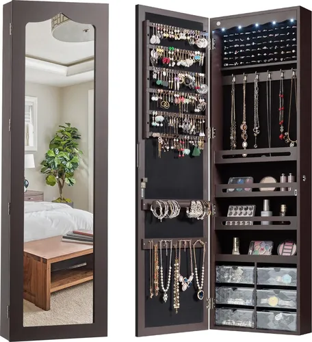 GOPLUS Schmuckschrank haengend, Schmuck Hängeschrank mit Schloss & 2 Schlüsseln & LED-Beleuchtung, Sipegelschrank mit Schubladen (Braun)