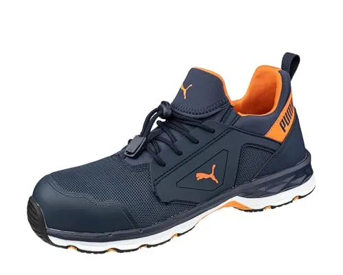 PUMA Safety CHASE BLUE/ORANGE LOW Arbeitsschuh - Sicherheitsschuhe S1PS mit hitzebeständiger Gummisohle und hervorragender Dämpfung durch IMPULSE.FOAM® für optimalen Komfort am Arbeitsplatz.