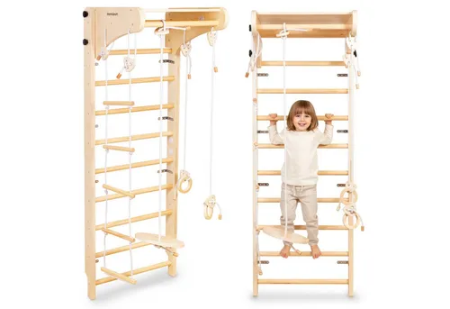 Mamabrum Kletterwand Holz-Kletterwand für Kinder mit Zubehör – Schaukel, Ringe & Seilleiter