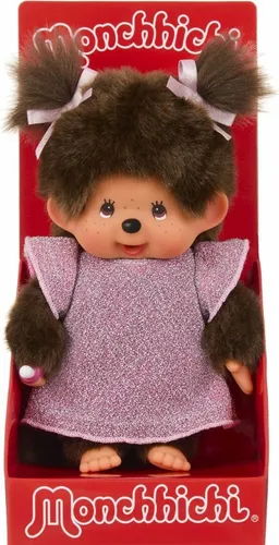 Monchhichi Mädchen mit Glitzer Kleid 20 cm - Sonstige - Niedliches Monchhichi Mädchen im rosa Glitzerkleid, ideal zum Kuscheln und Spielen, Höhe 20 cm, ein echter Blickfang für kleine Puppenfans!