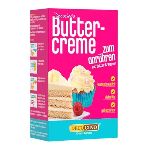 DECOCINO Vanille Buttercreme Fertigmischung (250g) - Kuchenmischung für köstliche Buttercreme, einfach zuzubereiten und ideal für Torten, Muffins und Cupcakes. Gelingsicher und fondanttauglich für perfekte Backergebnisse.