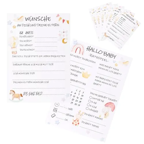 Ratespiel für die Babyparty Babyshower Ratespiel Karten zum Ausfüllen 10 Baby Tippkarten Junge und Mädchen, Beidseitig Bedruckt