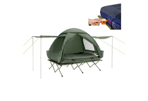 SoBuy OGS32-L-GR Feldbett 4in1-Zelt - Feldbett mit Campingliege, Schlafsack und Luftmatratze, ideal für Outdoor-Abenteuer. Inklusive Tragetasche für einfachen Transport und integrierter Mückenschutz.