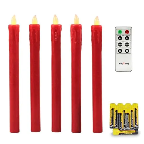 Rhytsing 5 flammenlose Led Stabkerzen Tafelkerzen Rot mit Timer Funktion, Druckknopf, Warmweißes Licht, 25cm, Fernbedienung und Batterien enthalten